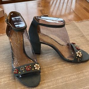 Cornflower Moreeno 7.5M Denim Ankle Strap Floral Beading Block Heel